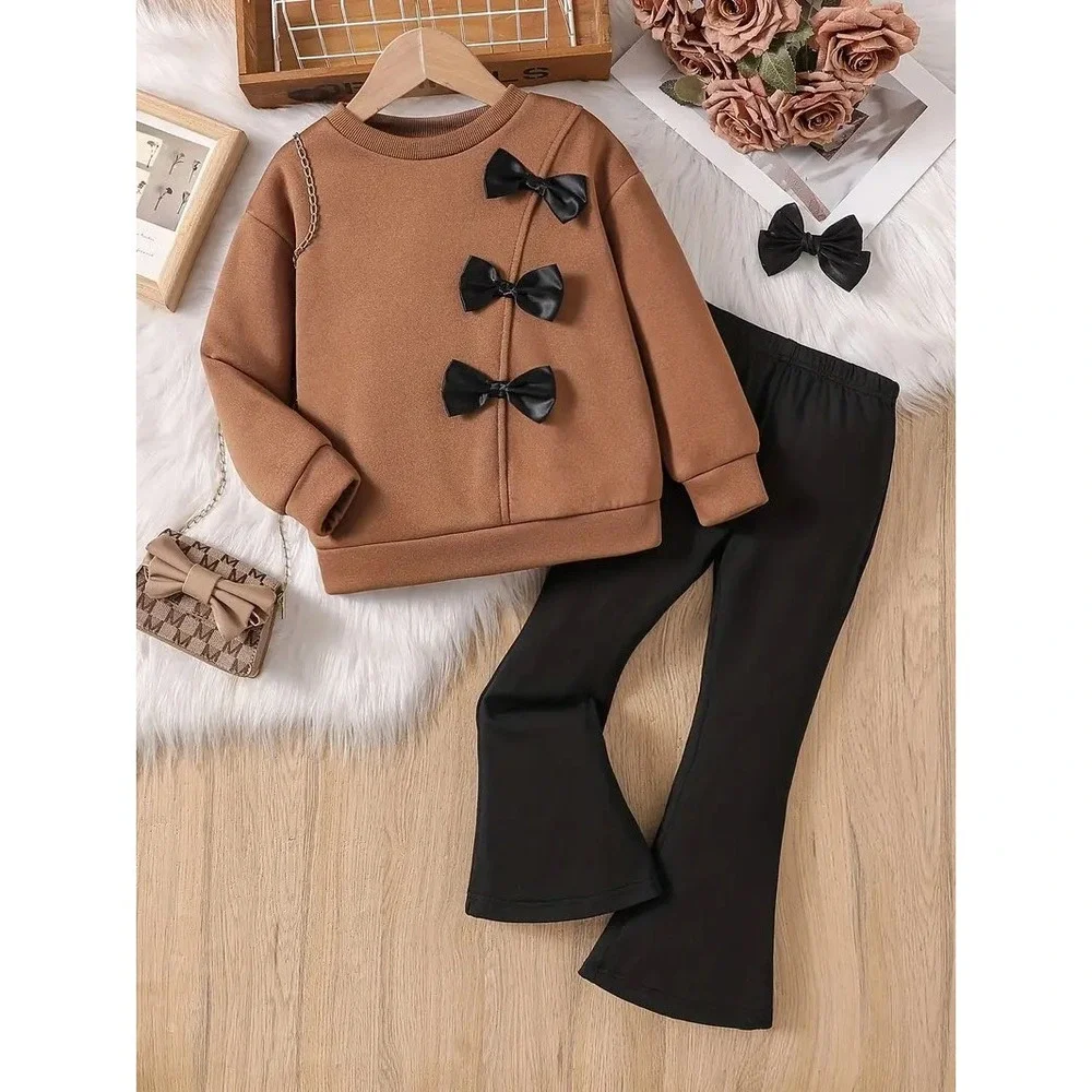 Girls Brown Bow Sweatshirt and Black Flare Pants 2 Piece Set Kids Outfit